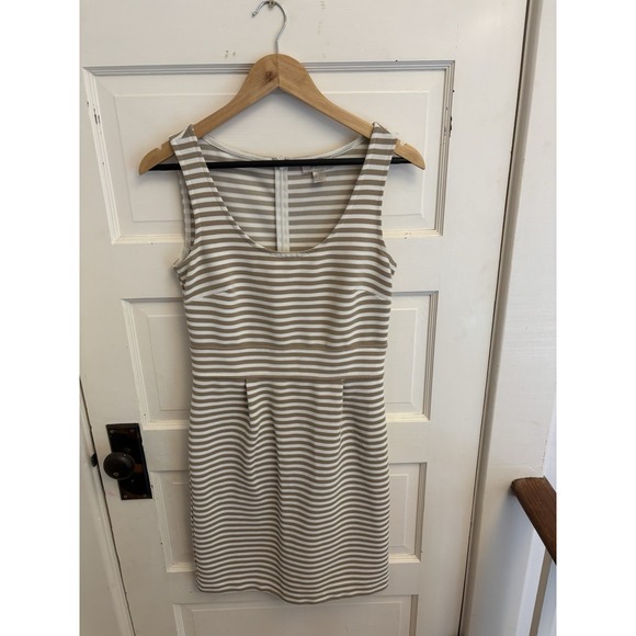 Loft Women's Sleeveless Tan White Striped Sheath Dress Stretch Size 2 - Picture 1 of 5